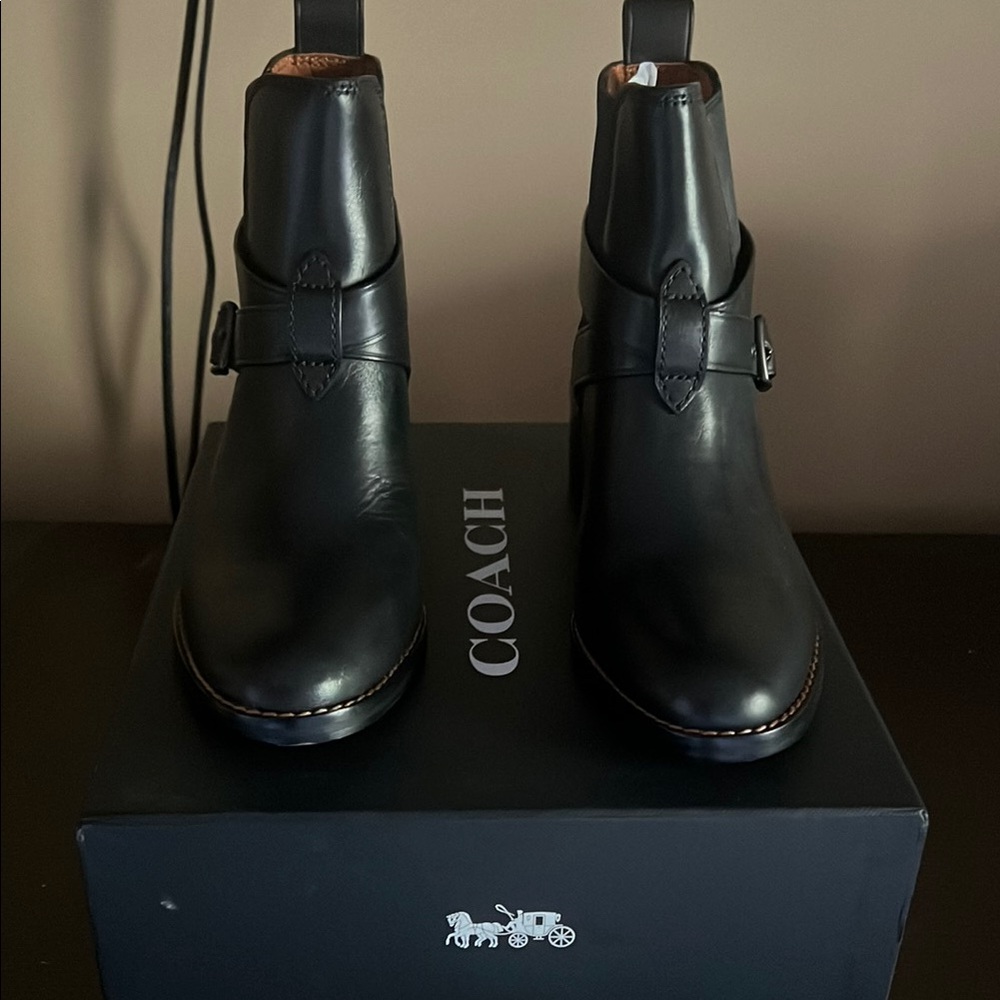 Coach Black Leather Chelsea Boots with Side Buckle